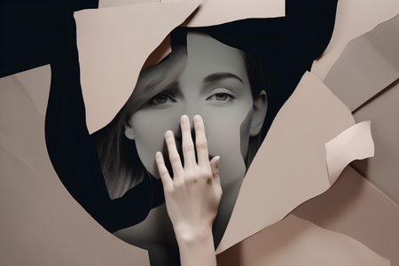 Young woman covering her face with her hands and looking through hole in paperの素材