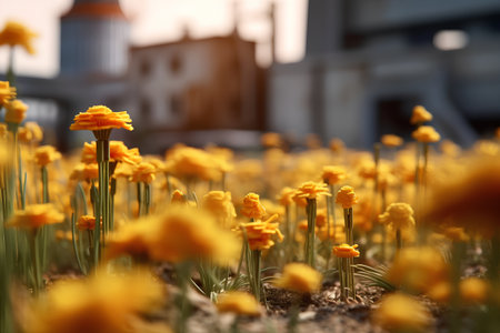 Yellow daffodils in the garden at sunset, selective focusの素材