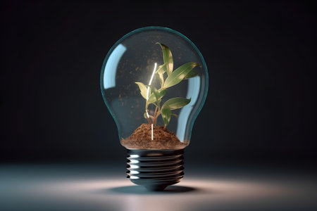 Glowing lightbulb with green plant inside, 3D renderingの素材