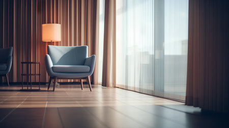 Modern living room interior with armchair, lamp and city view. 3D Renderingの素材