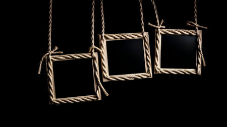 old photo frames hanging on a rope isolated on a black background.の素材