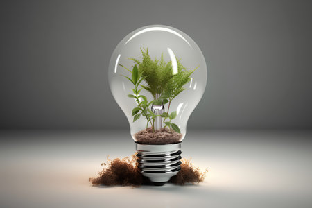 Light bulb with plant inside on grey background. 3D illustration.の素材
