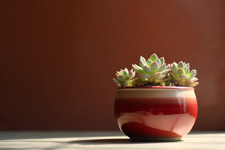 Succulent plant in a pot on a wooden table with sunlightの素材