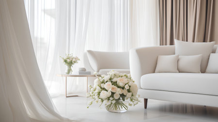 Living room interior with white sofa and flowers in vase. 3d renderの素材