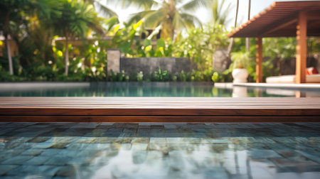 Wood Table Top Background In the Swimming Pool Of The Blur Exterior Backgroundの素材