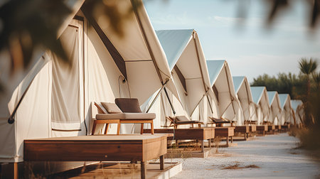Sunbeds and umbrellas on the beach. Travel concept.の素材