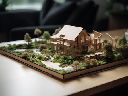 Miniature model of a house on a table in the living roomの素材