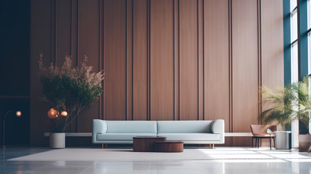 Interior of modern living room with brown walls, tiled floor, white sofa and wooden coffee table. 3d renderingの素材
