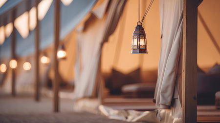 Lantern hanging on the wooden canopy of a tent at sunsetの素材