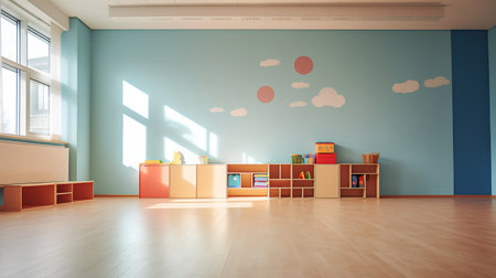 Interior of children room with blue walls and wooden floor, 3d renderの素材