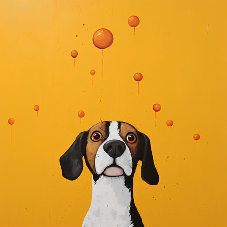Portrait of a Beagle dog with orange drops on the yellow wallの素材