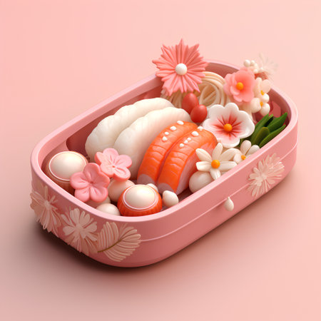 Japanese lunch box with sushi and rolls on pink background. 3d renderingの素材