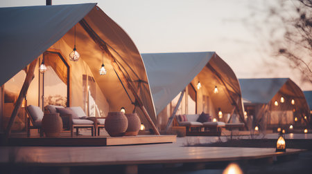 Camping tent on the beach at sunset. Vintage style toned pictureの素材