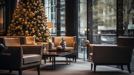 Luxury living room interior with Christmas tree and gold armchairsの素材