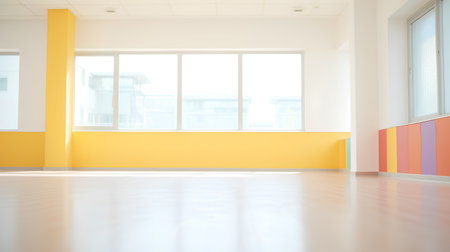 Interior of bright empty room with yellow walls and white floor. 3d renderingの素材