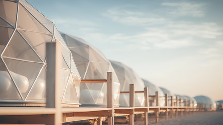 Low angle view of a row of wooden deck chairs on the beachの素材