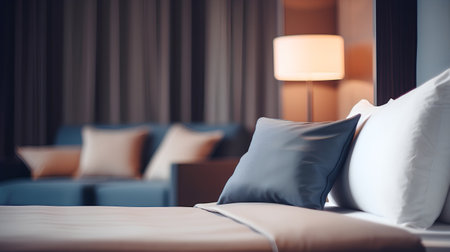 Pillow on bed in hotel bedroom interior. 3d renderingの素材