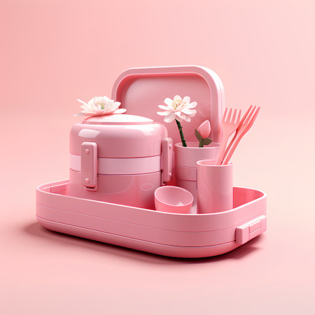 Pink lunch box with pink utensils. 3d illustration.の素材