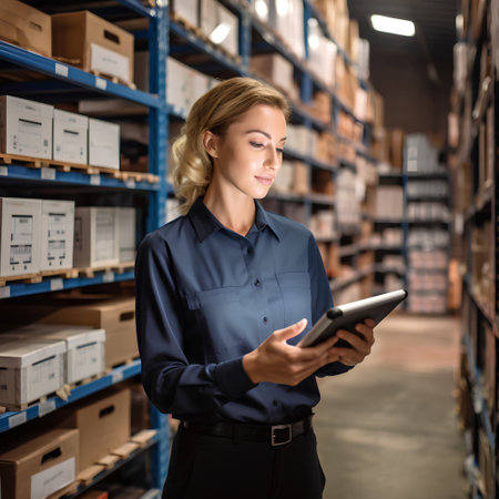 Beautiful young female manager using digital tablet in warehouse. This is a freight transportation and distribution warehouse. Industrial and industrial workers conceptの素材