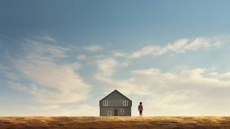 Conceptual image of businesswoman standing in front of small houseの素材