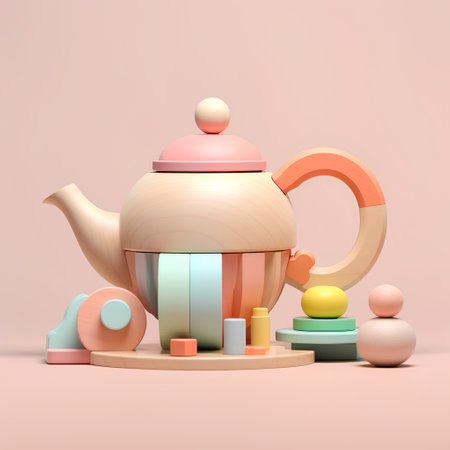 3d render of teapot on pedestal with toys.の素材