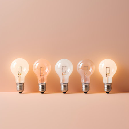 Row of light bulbs on orange background. Idea concept. 3D Renderingの素材