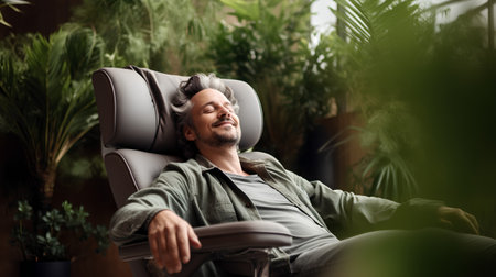 Handsome man relaxing in armchair at home. Smiling man sitting in chair.の素材