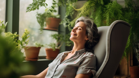 Relaxed senior woman with closed eyes sitting in armchair at homeの素材
