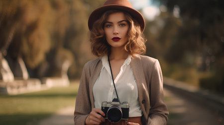 Portrait of beautiful young woman in hat with camera in the parkの素材