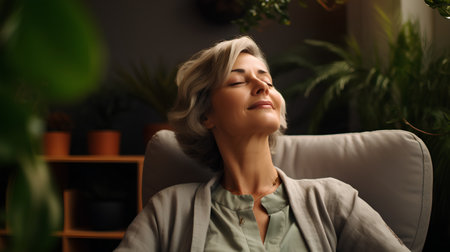 Relaxed middle-aged woman with closed eyes resting at homeの素材