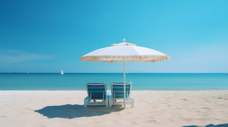 Beach chairs and umbrella on a sunny day. 3d renderingの素材