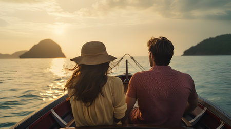 Couple on a boat at sunset. Back view of a man and a woman on a long-tail boatの素材