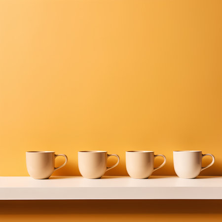 3d render of three coffee mugs on a shelf against yellow wallの素材