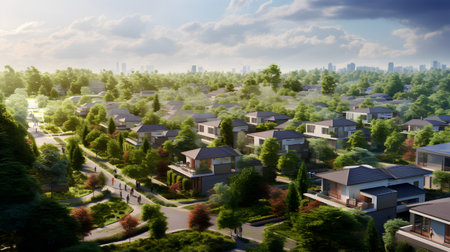 Aerial view of modern residential neighborhood in smart urban city. Cloudy blue sky with glowing sunlight. 3D renderingの素材
