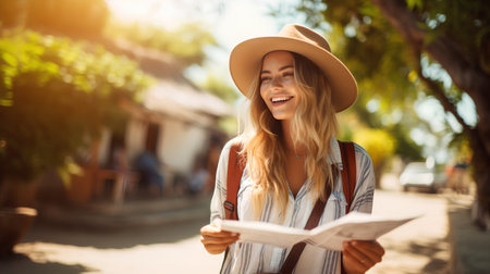Happy young woman in hat with map in the city. Travel conceptの素材