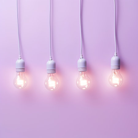 Realistic fluorescent light bulbs hanging on wires. 3d vector illustration.の素材
