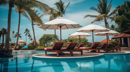 Swimming pool with umbrella and chair in luxury hotel resort - Vintage Filterの素材