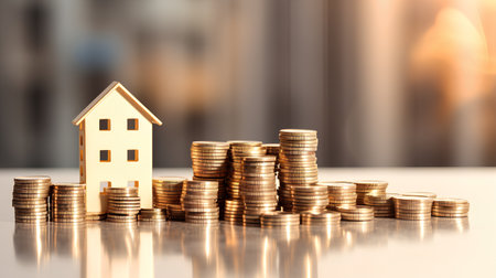 House model and stack of coins. Real estate investment and saving concept.の素材