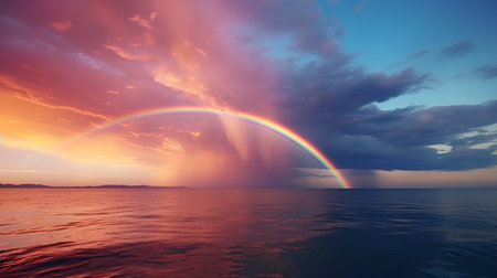 Rainbow over the sea at sunset, 3d render with clipping pathの素材