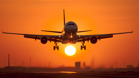 Silhouette of airplane flying in the sky at sunset background.の素材
