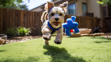 Cute Yorkshire Terrier puppy running in the garden on a sunny day.の素材
