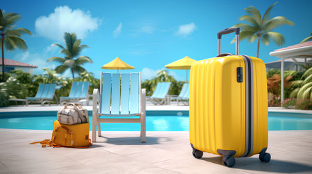 Luggage in front of swimming pool. 3d render illustration.の素材