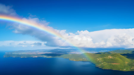 Rainbow over the sea on a background of mountains and blue skyの素材
