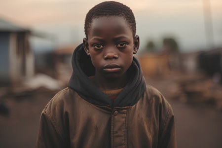 Portrait of a young African boy in the street at sunset.の素材