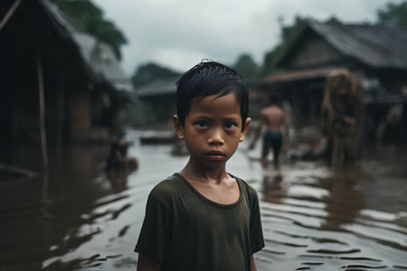 Little boy in the middle of a flooded rice field in Thailand.の素材