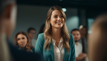 Portrait of smiling businesswoman looking at camera with colleagues in backgroundの素材
