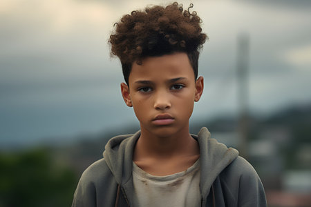 Portrait of a teenage boy with afro hairstyle, wearing a hoodie, looking at the camera.の素材