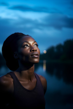 Portrait of a beautiful african american woman at night.の素材