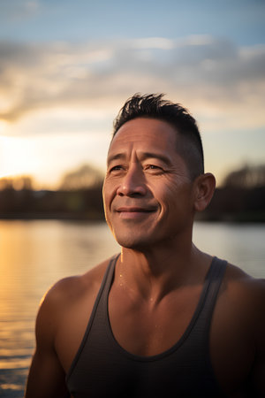 Portrait of happy asian man in sportswear at sunsetの素材