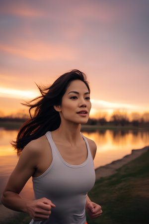 Beautiful asian woman jogging in the park at sunset.の素材